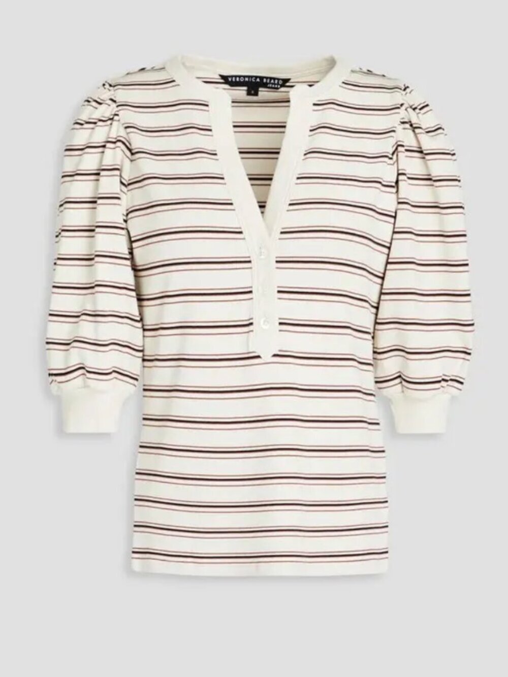 🌟 VERONICA BEARD 🌟STRIPED RIBBED HENLEY SHORT SLEEVE TOP IVORY SZ XS